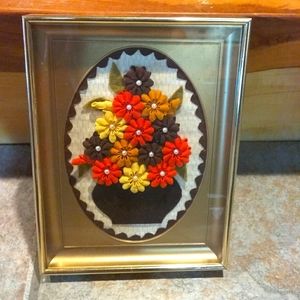 Framed Handmade Ric Rac Flowers Bouquet 1970's